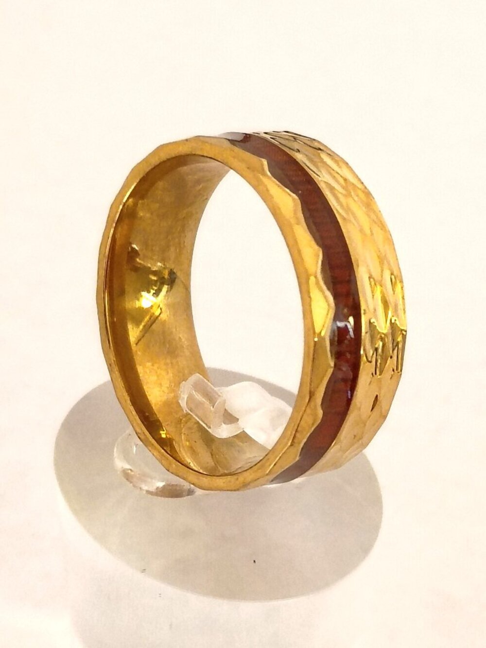 Size 11 Hammered Gold Stainless Steel Wedding Band Woodgrain Inlay